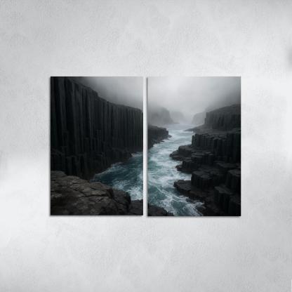 Fogbound Basalt Cliffs Above A Turquoise Surge wall art