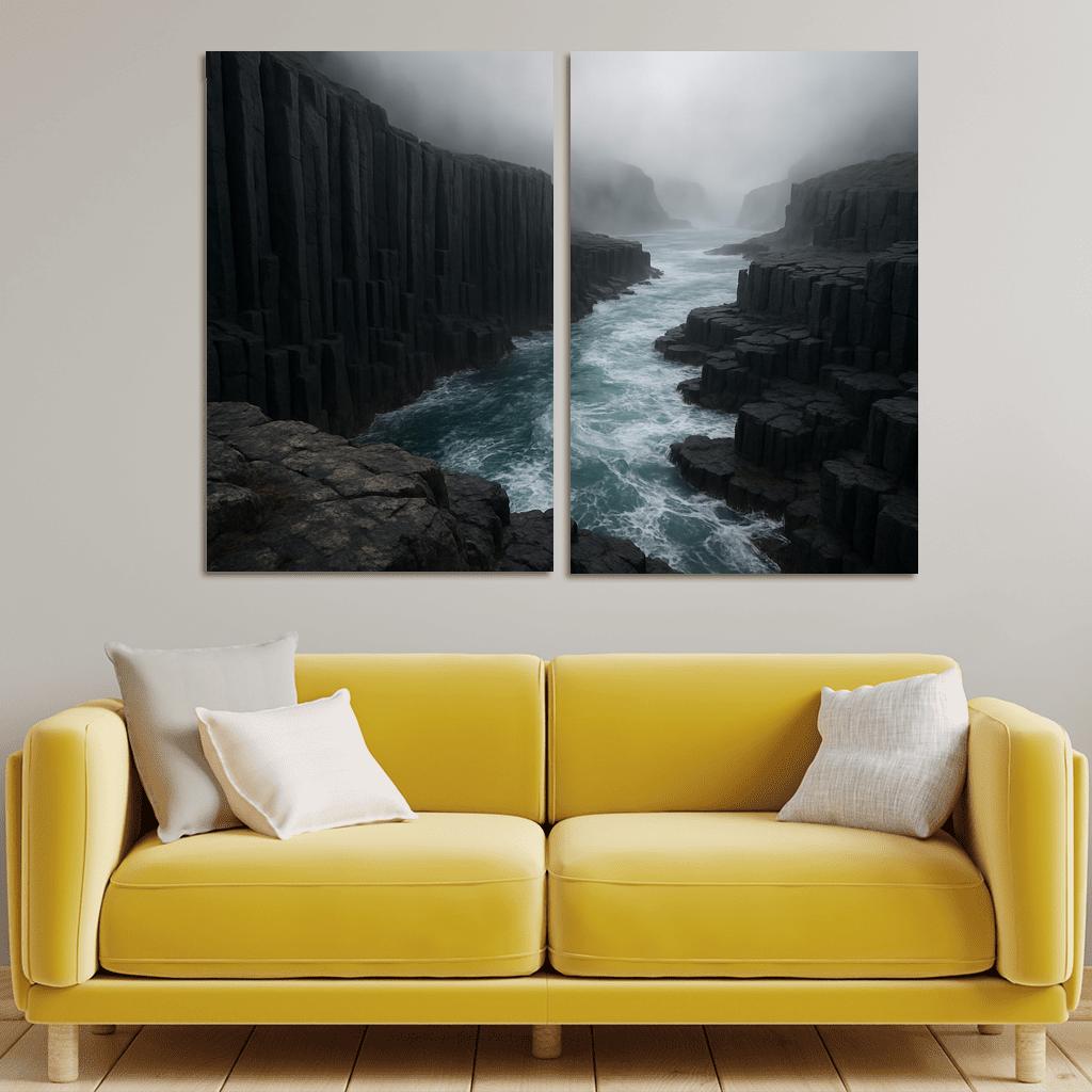 Fogbound Basalt Cliffs Above A Turquoise Surge wall art