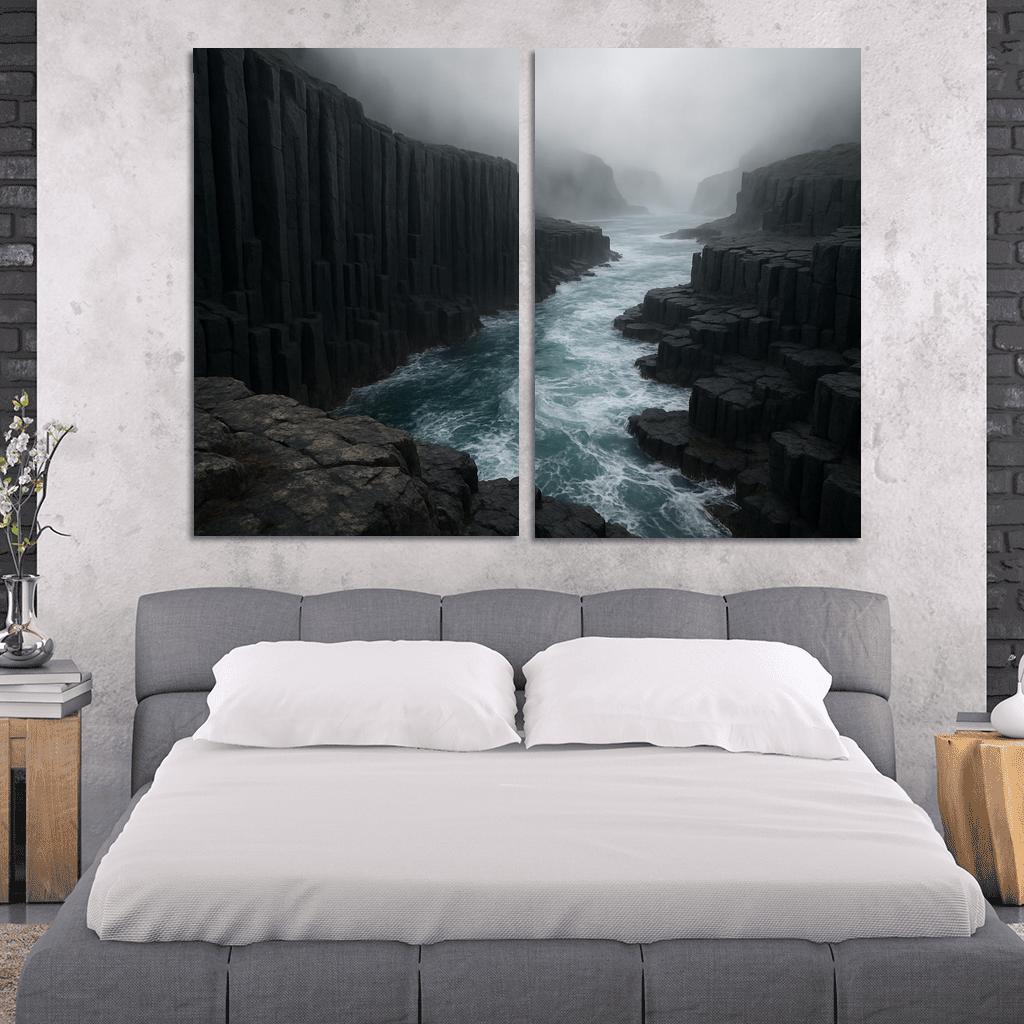 Fogbound Basalt Cliffs Above A Turquoise Surge wall art