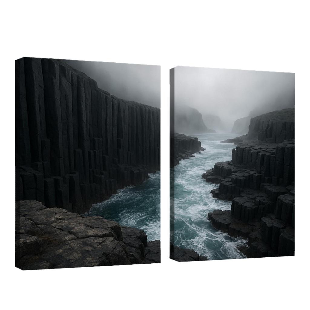 Fogbound Basalt Cliffs Above A Turquoise Surge wall art