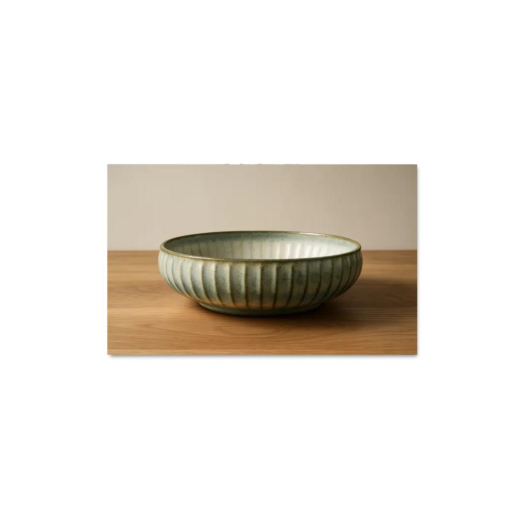 Sculptural Ribbed Stoneware Centerpiece Bowl With Reactive Glaze wall decor