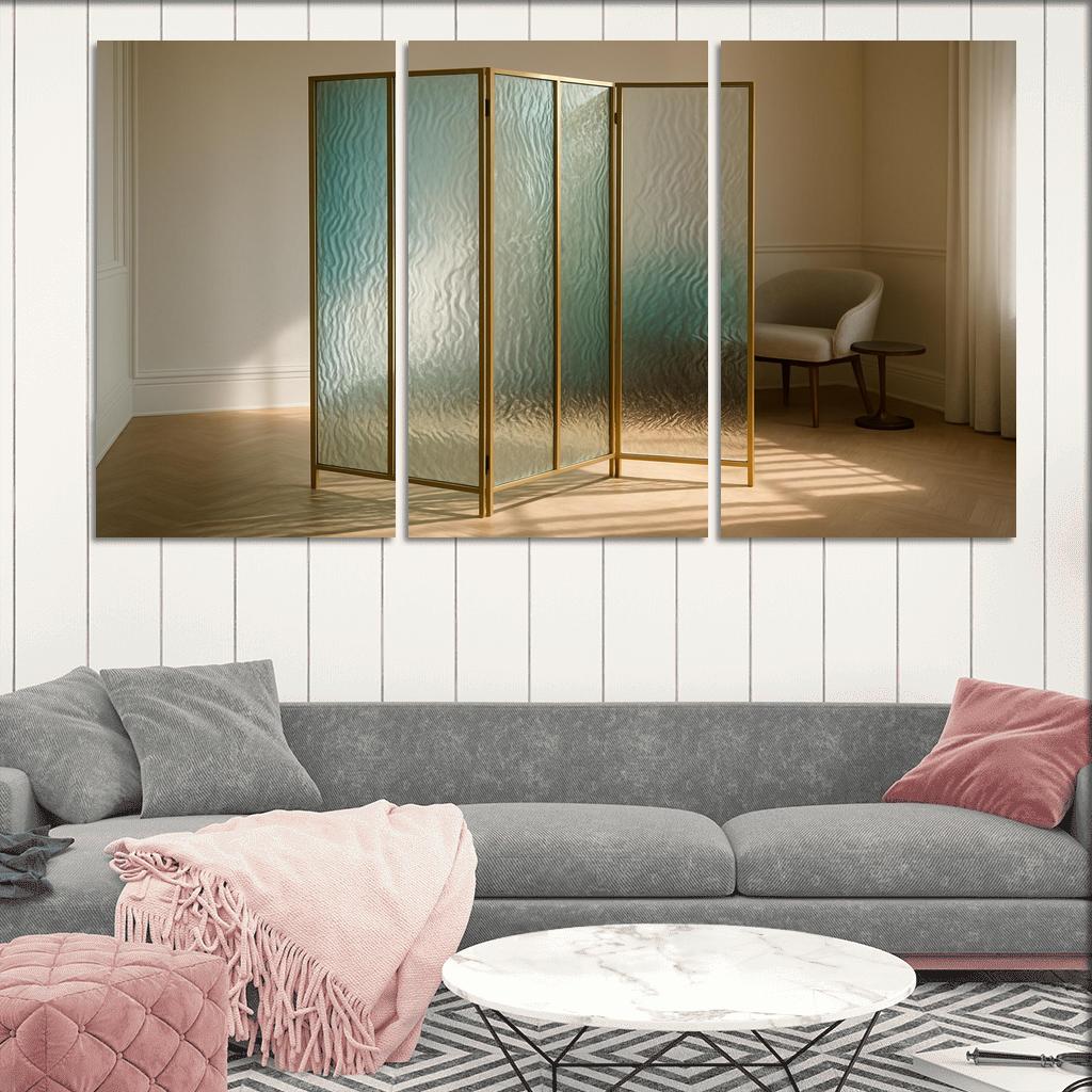 Hand Blown Ripple Glass Room Divider With Brass Frame modern paintings frame