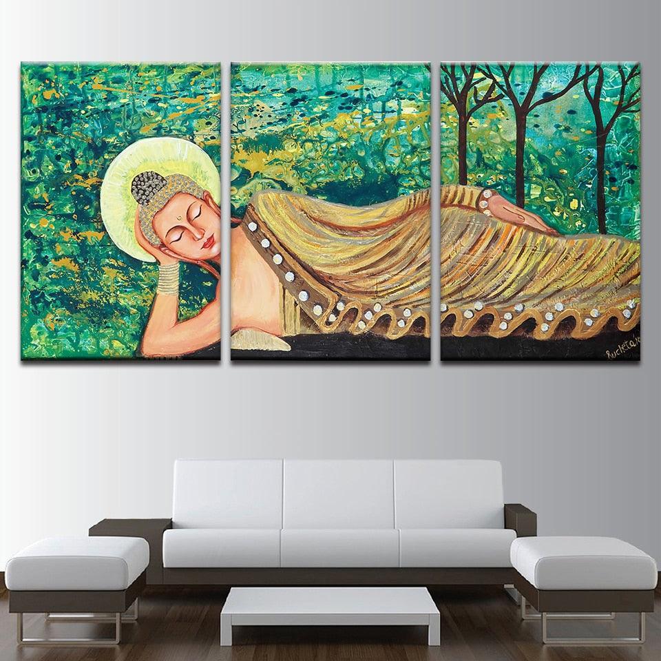 Sleeping Buddha Painting 3 Piece HD Multi Panel Canvas Wall Art Frame-Original Frame