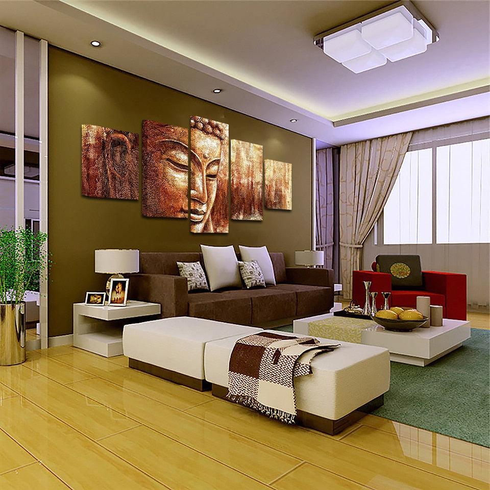 Brown Buddha Paintings 5 Piece HD Multi Panel Canvas Wall Art Frame-Original Frame