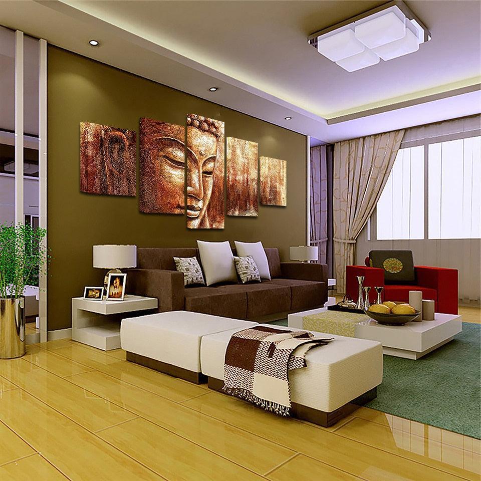 Brown Buddha Paintings 5 Piece HD Multi Panel Canvas Wall Art Frame-Original Frame