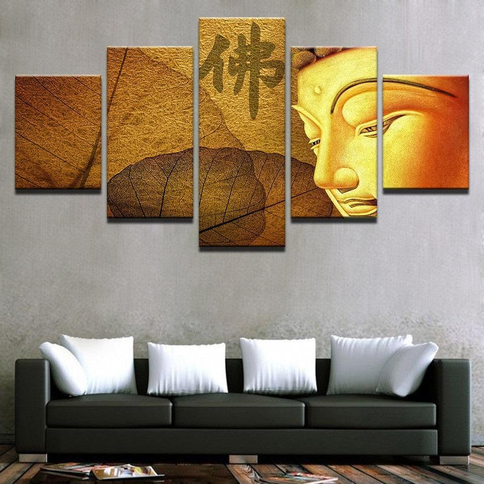 Golden Yellow Buddha 5 Piece HD Multi Panel Canvas Wall Art Frame-Original Frame