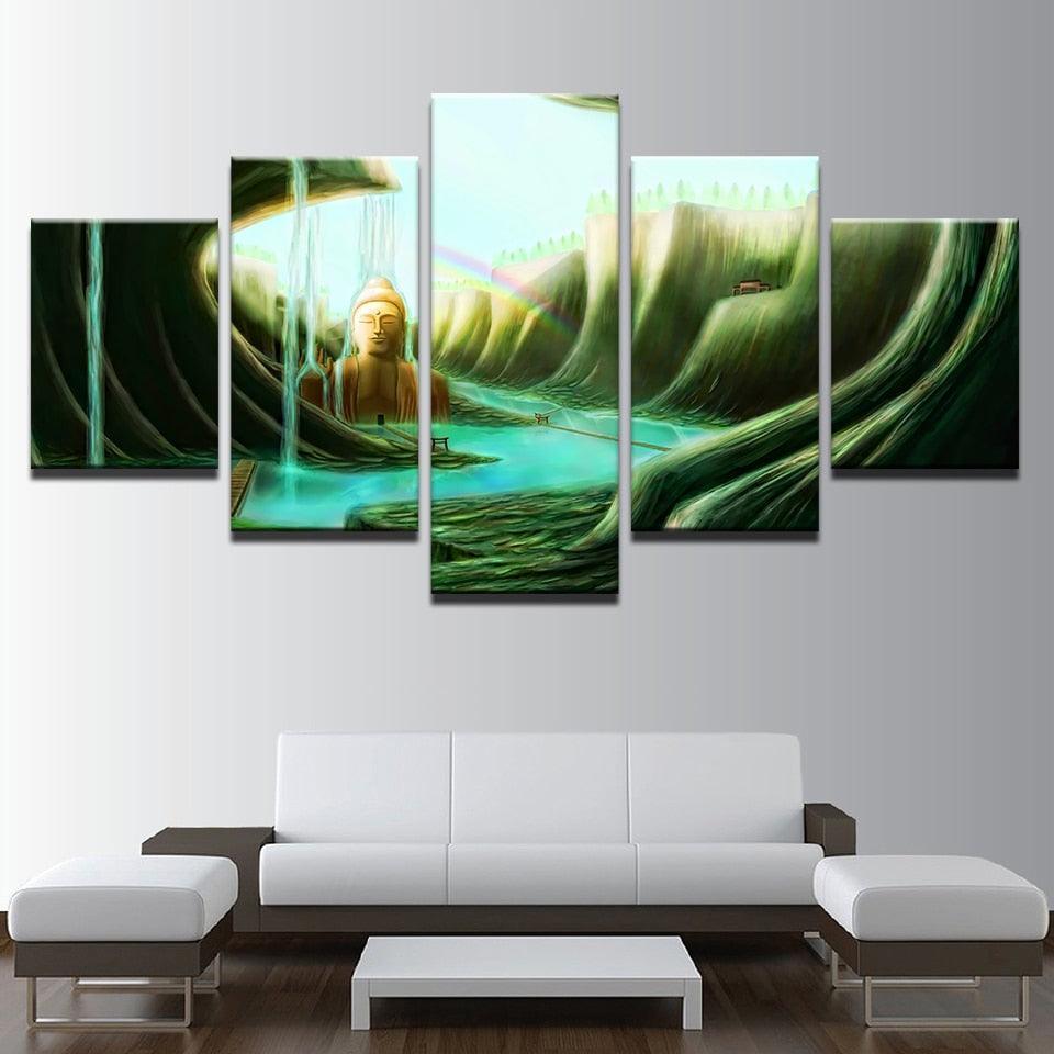 Forest Waterfalls 5 Piece HD Multi Panel Canvas Wall Art Frame-Original Frame