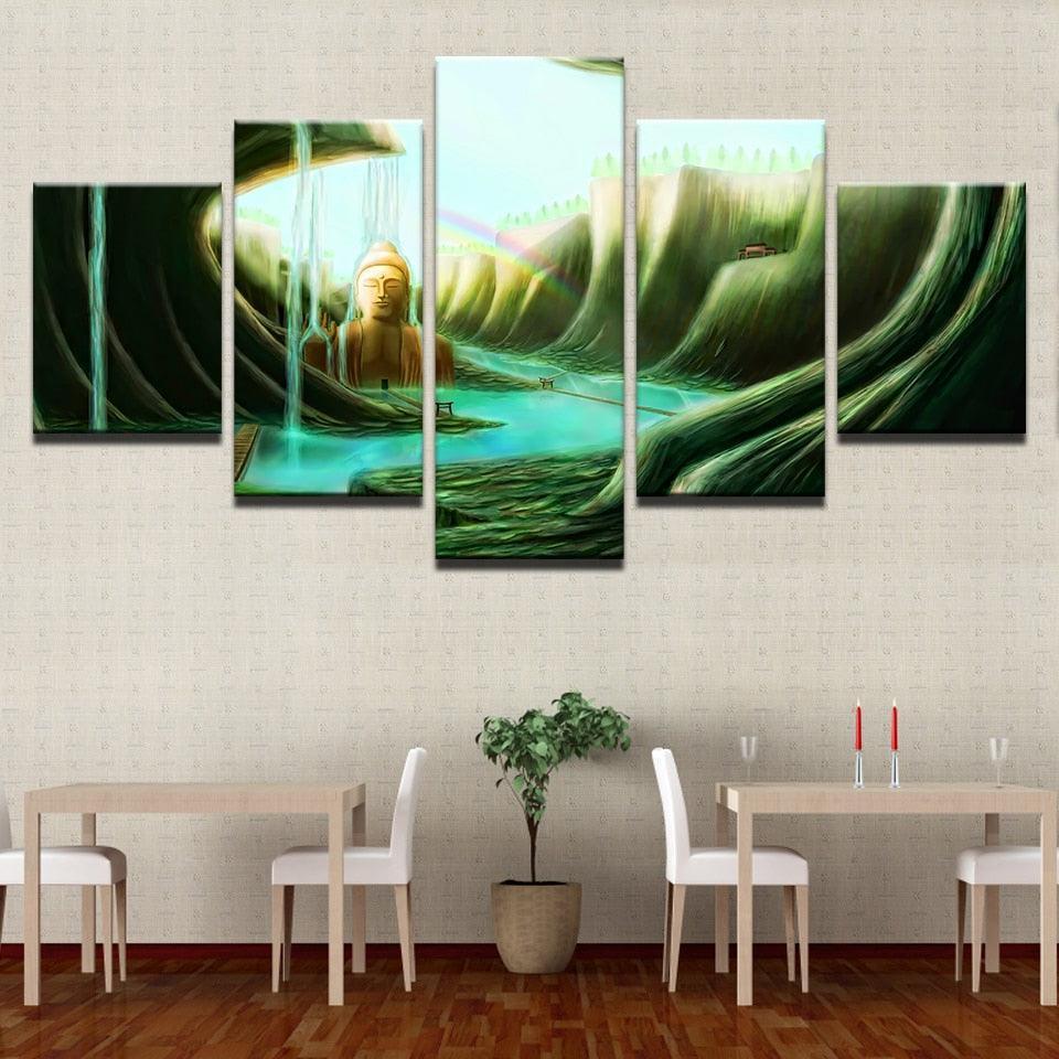 Forest Waterfalls 5 Piece HD Multi Panel Canvas Wall Art Frame-Original Frame