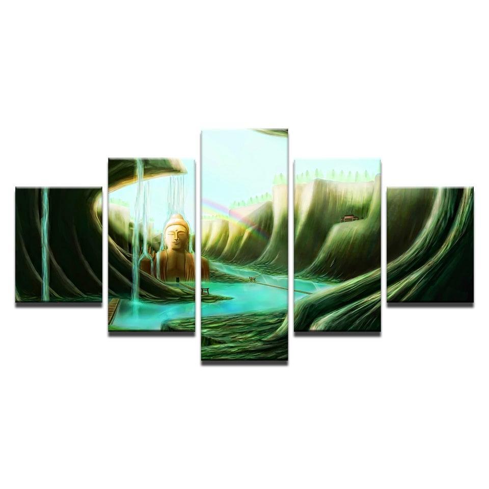 Forest Waterfalls 5 Piece HD Multi Panel Canvas Wall Art Frame-Original Frame