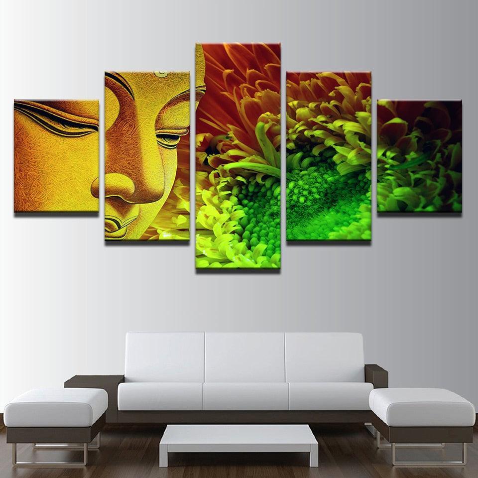 Buddha Statue And Flowers 5 Piece HD Multi Panel Canvas Wall Art Frame-Original Frame