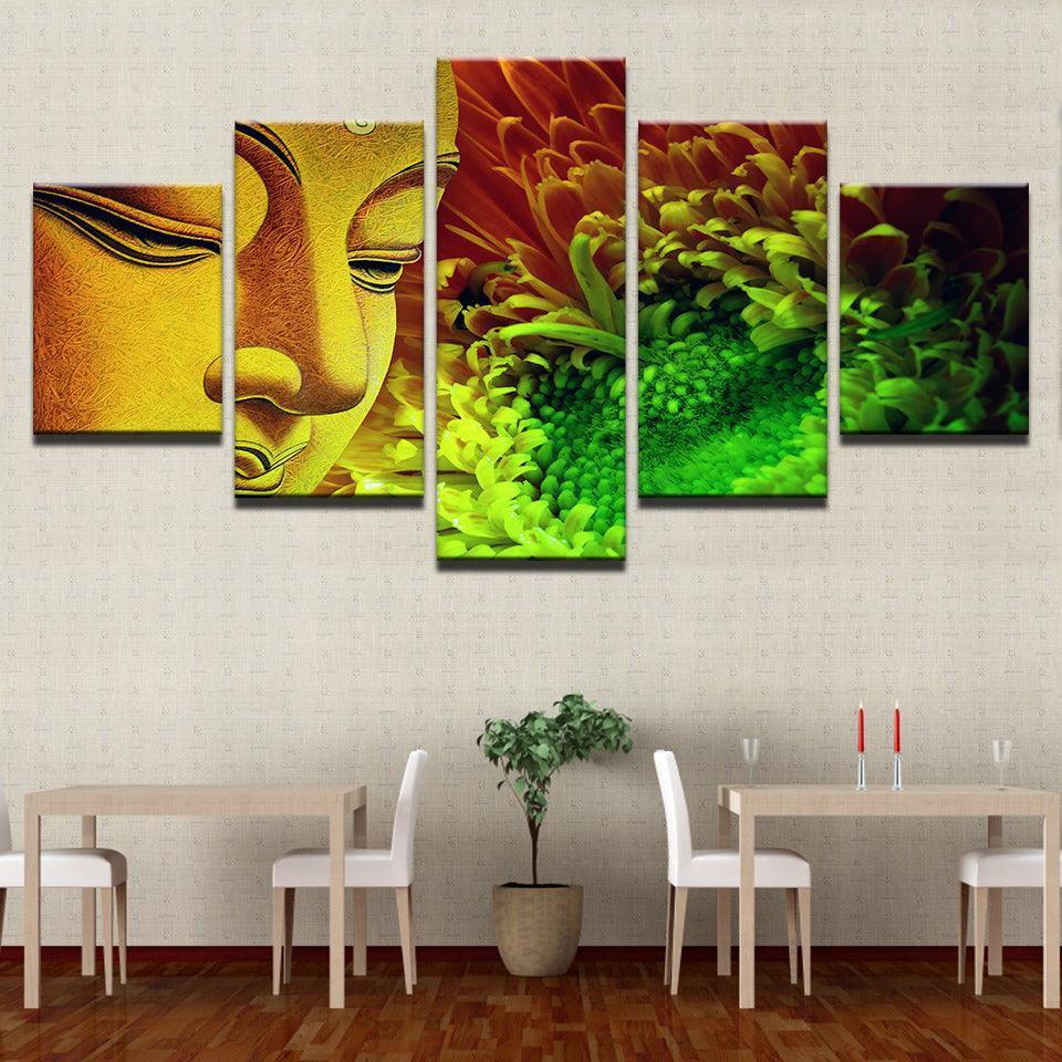 Buddha Statue And Flowers 5 Piece HD Multi Panel Canvas Wall Art Frame-Original Frame