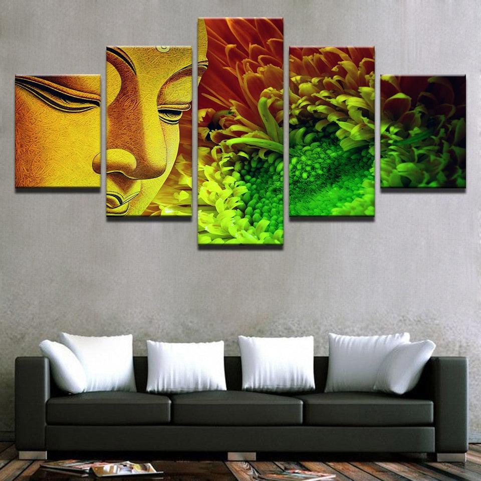 Buddha Statue And Flowers 5 Piece HD Multi Panel Canvas Wall Art Frame-Original Frame