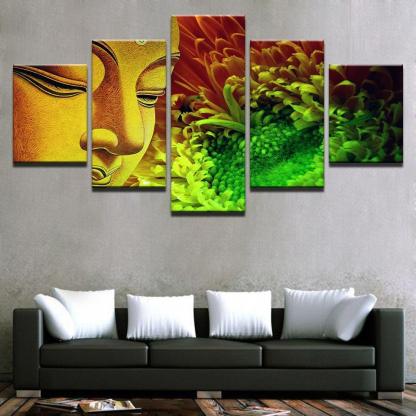 Buddha Statue And Flowers 5 Piece HD Multi Panel Canvas Wall Art Frame-Original Frame