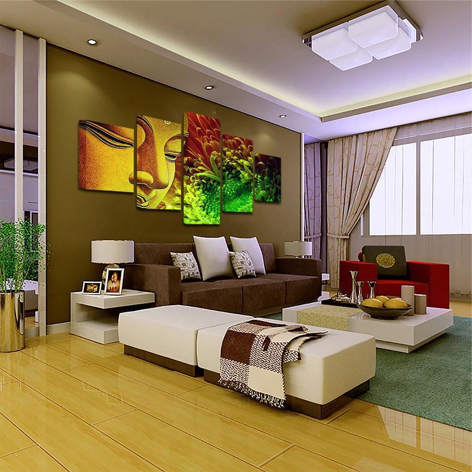 Buddha Statue And Flowers 5 Piece HD Multi Panel Canvas Wall Art Frame-Original Frame
