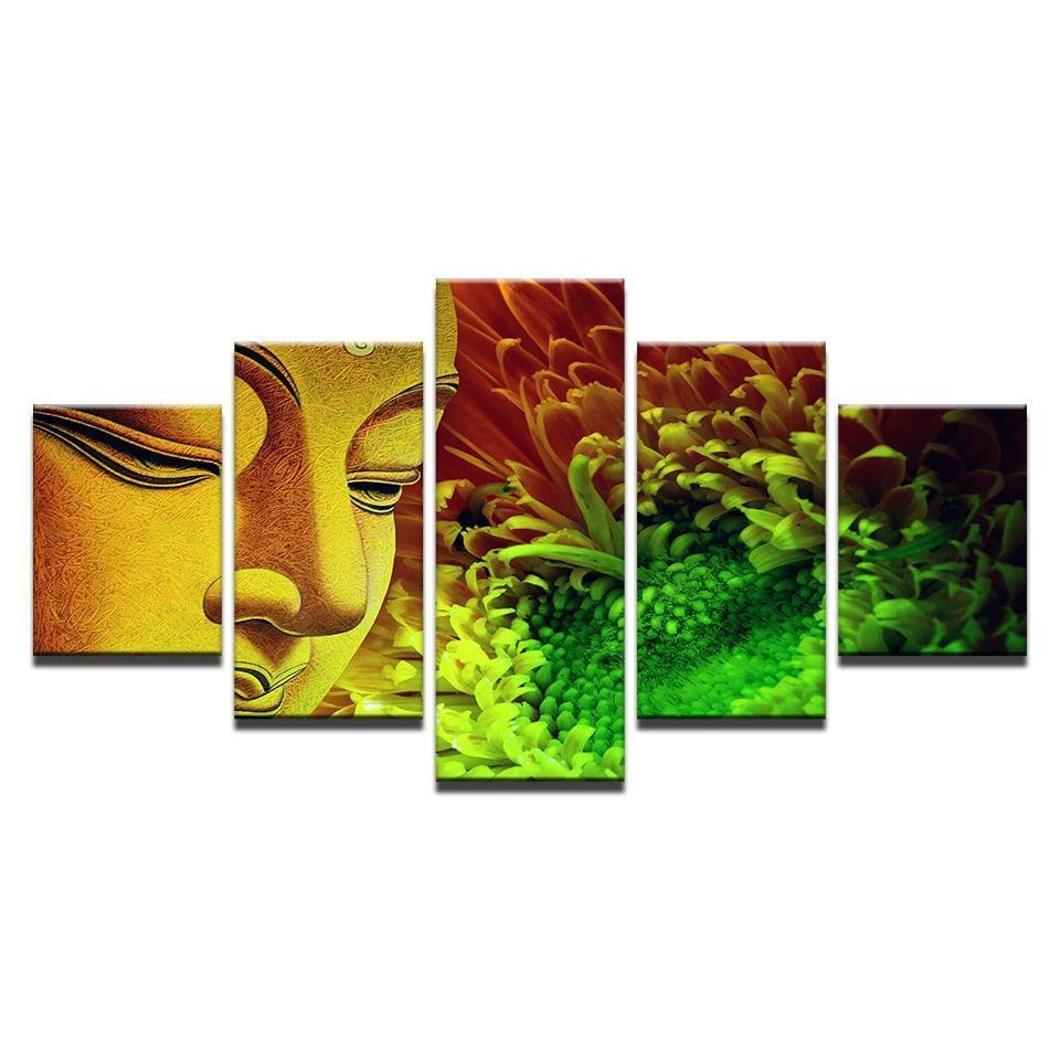 Buddha Statue And Flowers 5 Piece HD Multi Panel Canvas Wall Art Frame-Original Frame