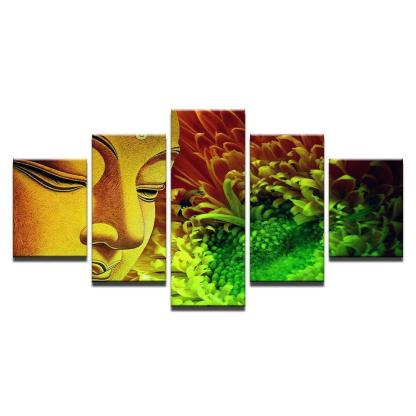 Buddha Statue And Flowers 5 Piece HD Multi Panel Canvas Wall Art Frame-Original Frame