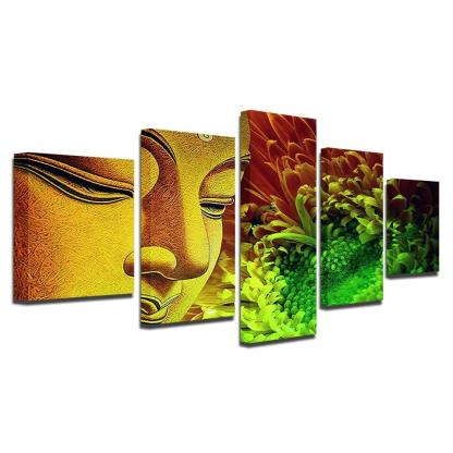 Buddha Statue And Flowers 5 Piece HD Multi Panel Canvas Wall Art Frame-Original Frame