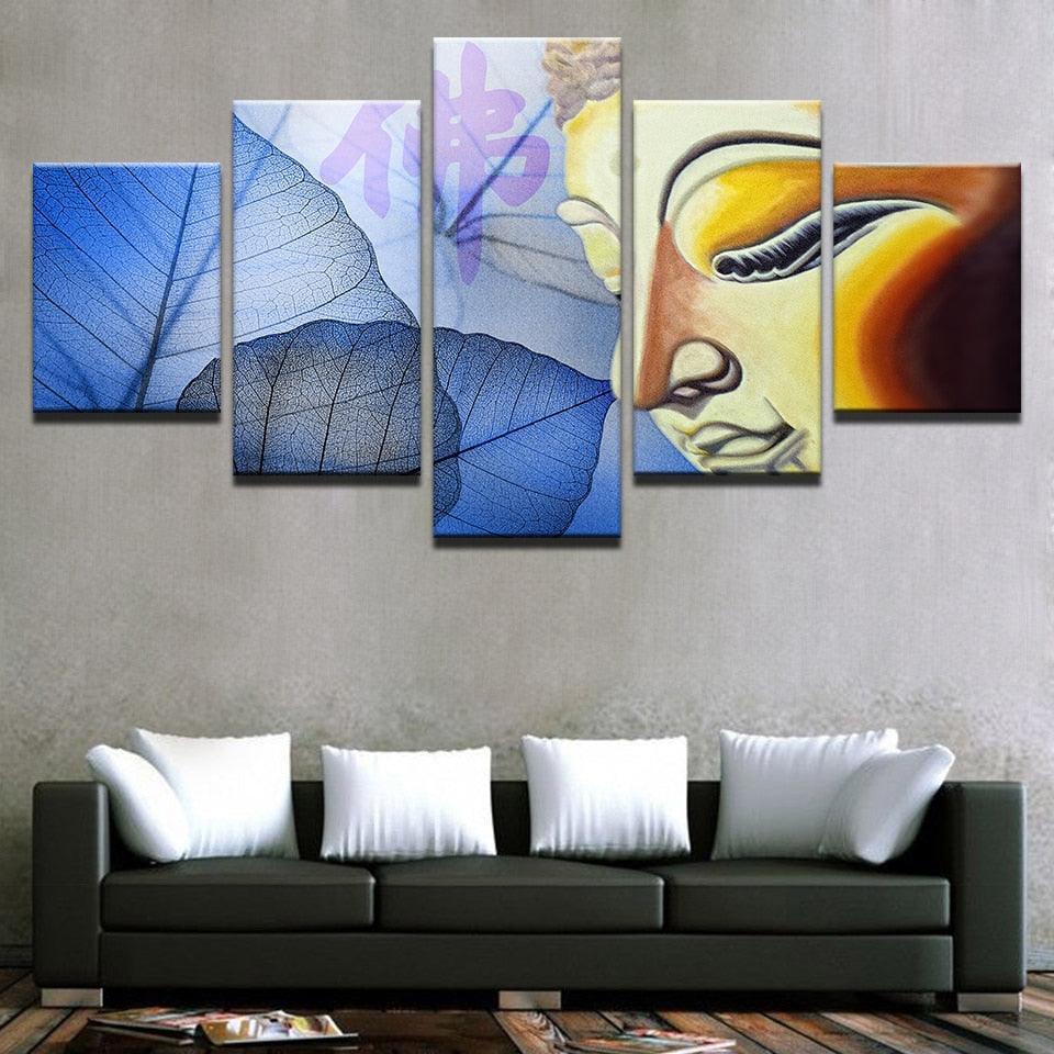 Buddha Face And Leaves 5 Piece HD Multi Panel Canvas Wall Art Frame-Original Frame