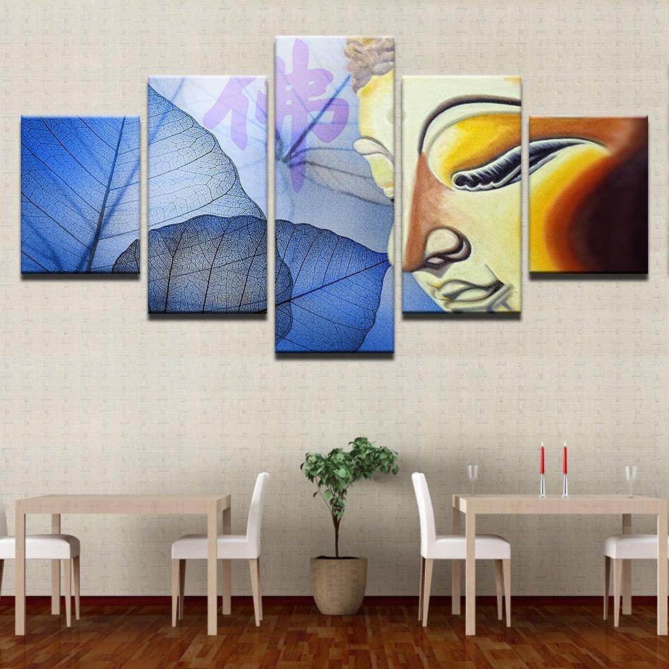 Buddha Face And Leaves 5 Piece HD Multi Panel Canvas Wall Art Frame-Original Frame