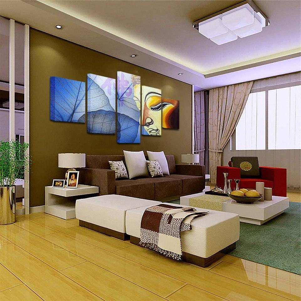 Buddha Face And Leaves 5 Piece HD Multi Panel Canvas Wall Art Frame-Original Frame