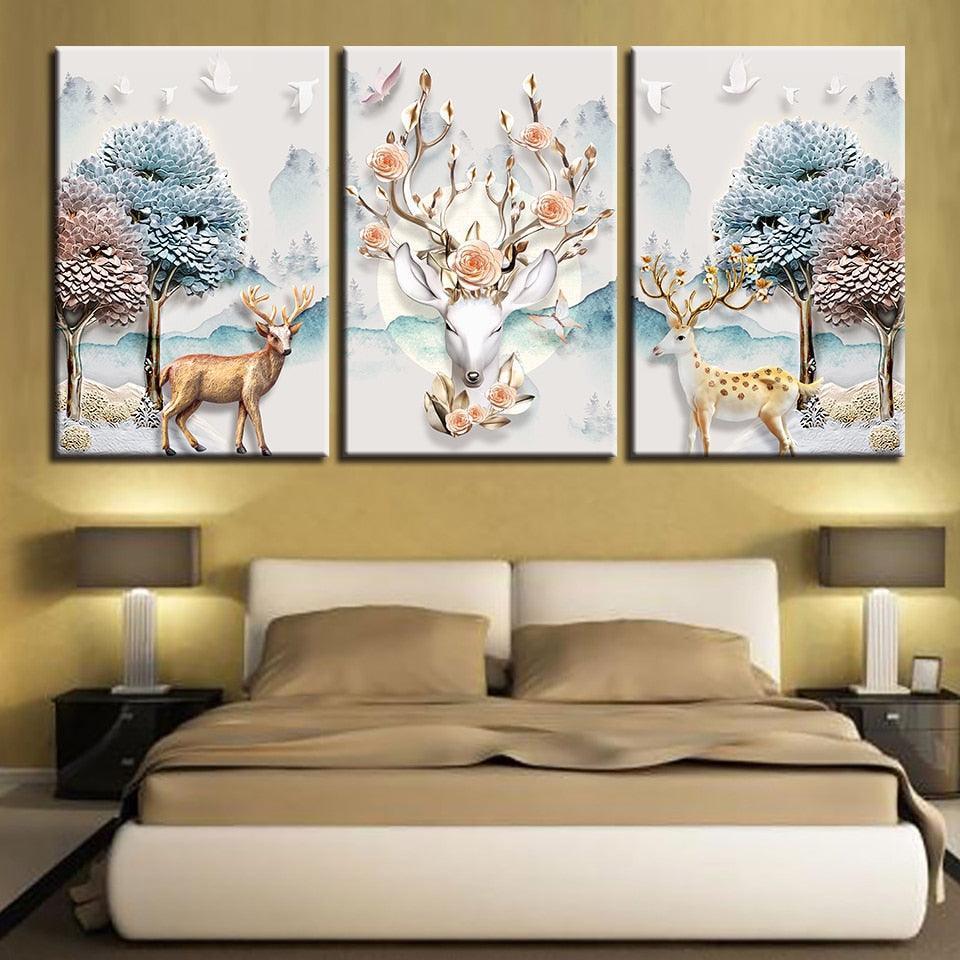 Deer Print 3 Piece HD Multi Panel Canvas Wall Art Frame-Original Frame