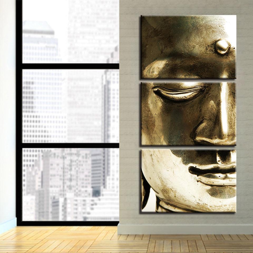 Half Face Gold Buddha 3 Piece HD Multi Panel Canvas Wall Art Frame-Original Frame