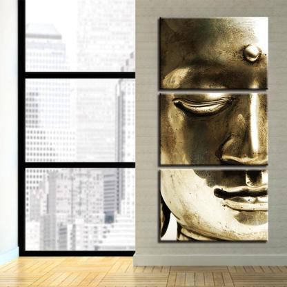 Half Face Gold Buddha 3 Piece HD Multi Panel Canvas Wall Art Frame-Original Frame