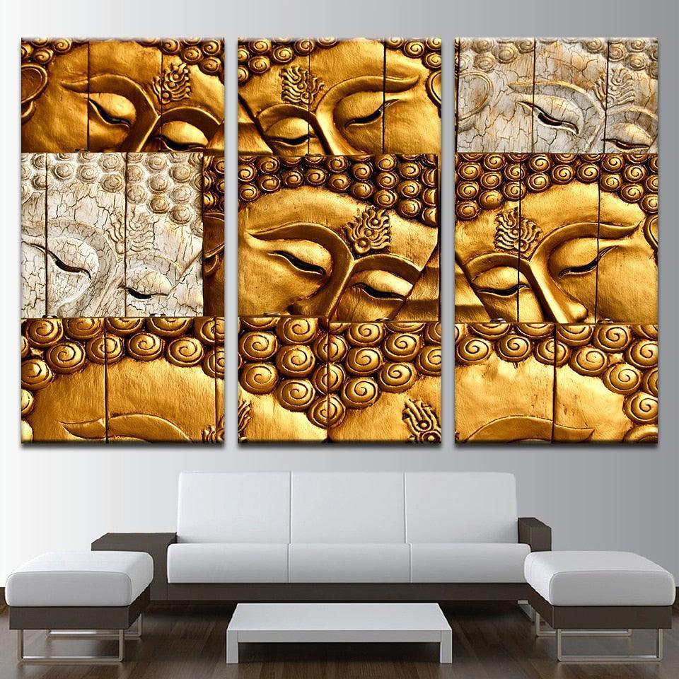 Golden Zen Buddha 3 Piece HD Multi Panel Canvas Wall Art Frame-Original Frame