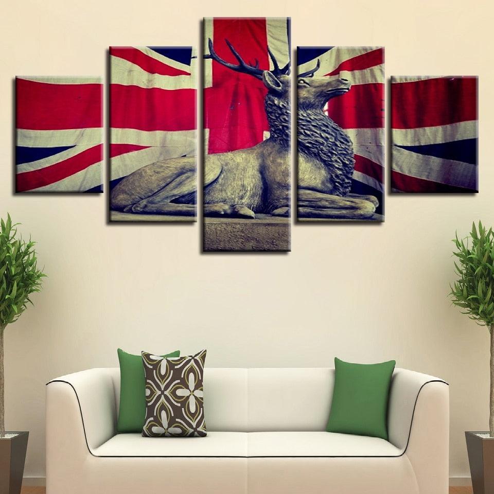 UK Flag And Deer 5 Piece HD Multi Panel Canvas Wall Art Frame-Original Frame