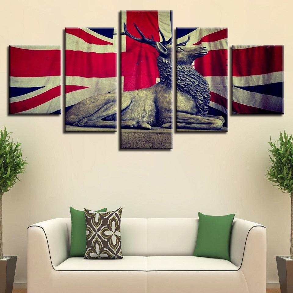 UK Flag And Deer 5 Piece HD Multi Panel Canvas Wall Art Frame-Original Frame