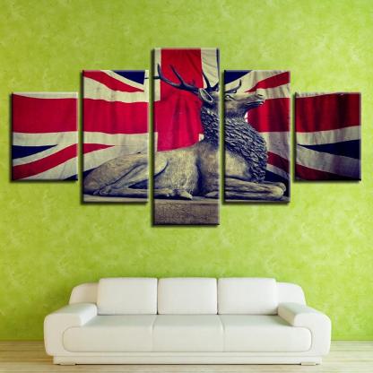 UK Flag And Deer 5 Piece HD Multi Panel Canvas Wall Art Frame-Original Frame