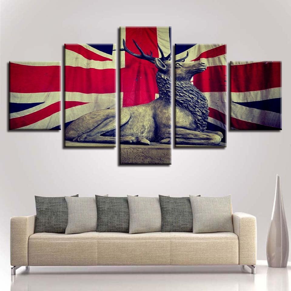 UK Flag And Deer 5 Piece HD Multi Panel Canvas Wall Art Frame-Original Frame