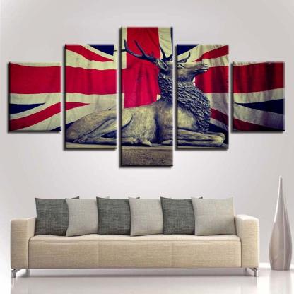 UK Flag And Deer 5 Piece HD Multi Panel Canvas Wall Art Frame-Original Frame