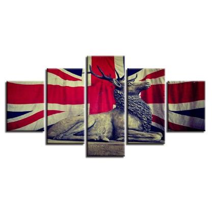 UK Flag And Deer 5 Piece HD Multi Panel Canvas Wall Art Frame-Original Frame