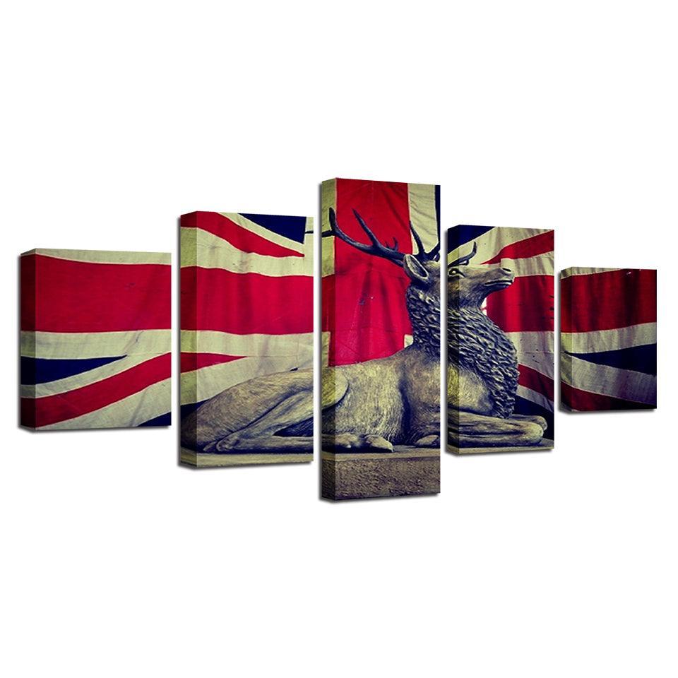 UK Flag And Deer 5 Piece HD Multi Panel Canvas Wall Art Frame-Original Frame