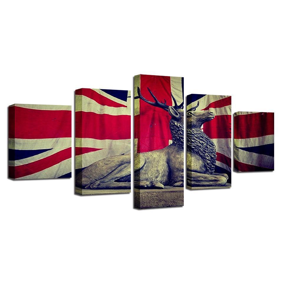UK Flag And Deer 5 Piece HD Multi Panel Canvas Wall Art Frame-Original Frame