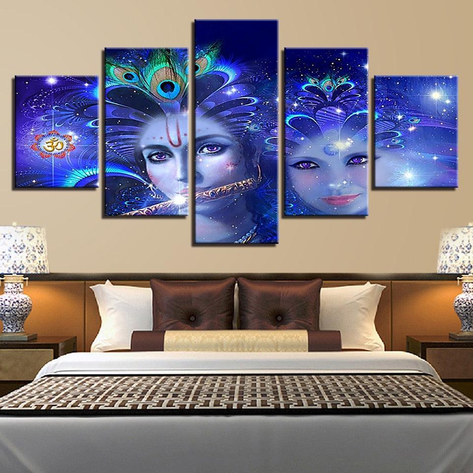 Radha And Krishna 5 Piece HD Multi Panel Canvas Wall Art-Original Frame