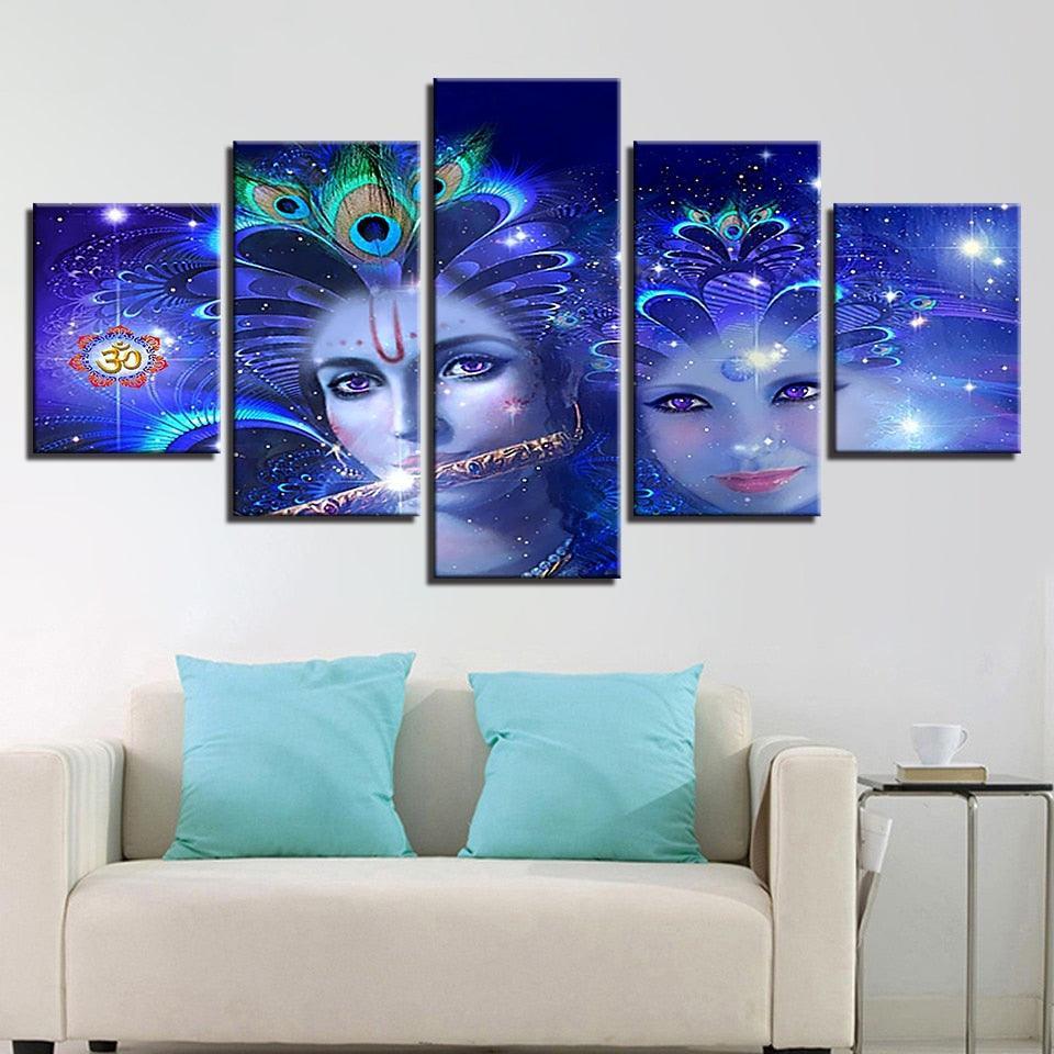Radha And Krishna 5 Piece HD Multi Panel Canvas Wall Art-Original Frame