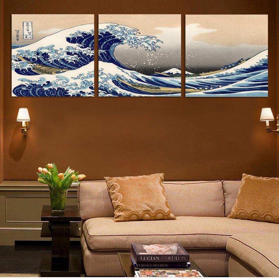Great Waves 3 Piece HD Multi Panel Canvas Wall Art Frame-Original Frame