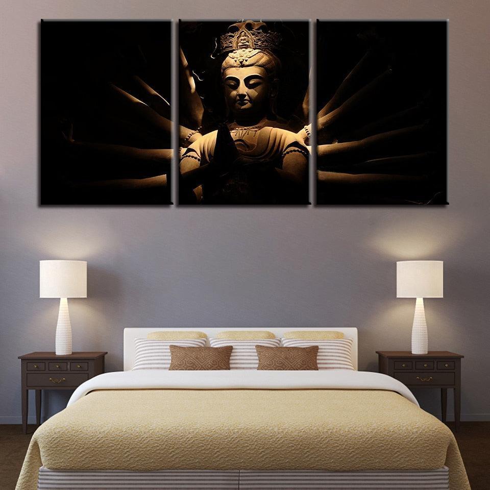 Lord Gautam Buddha 3 Piece HD Multi Panel Canvas Wall Art Frame-Original Frame