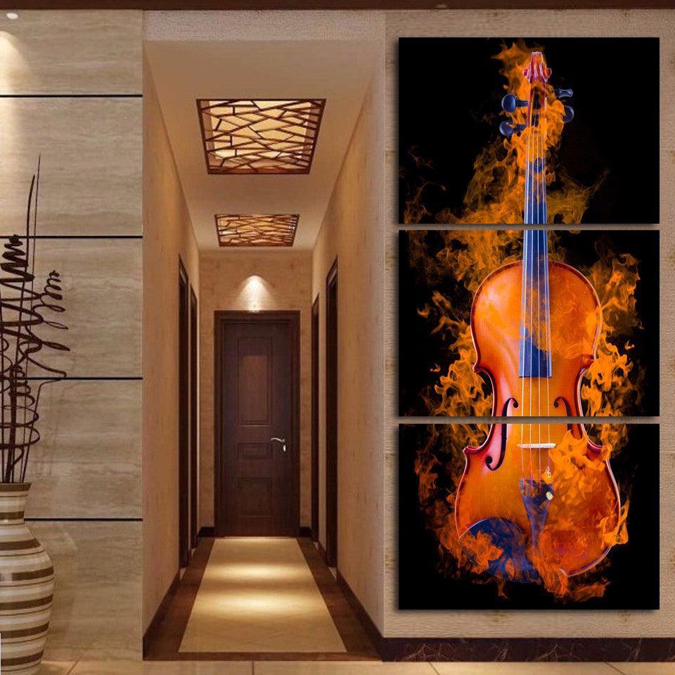 Burning Violin 3 Piece HD Multi Panel Canvas Wall Art Frame-Original Frame