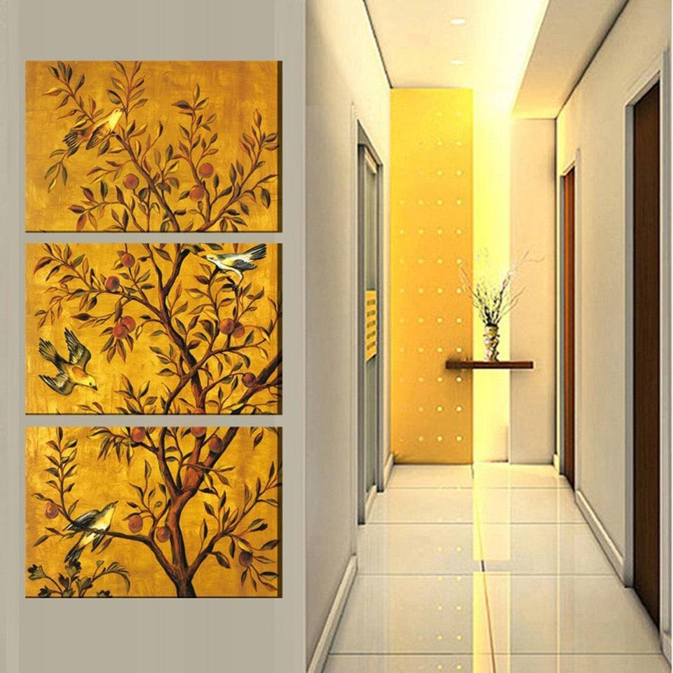 Flowers And Birds 3 Piece HD Multi Panel Canvas Wall Art Frame-Original Frame