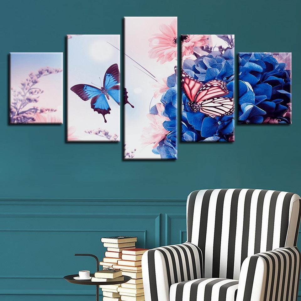 Beautiful Butterfly Flowers 5 Piece HD Multi Panel Canvas Wall Art Frame-Original Frame