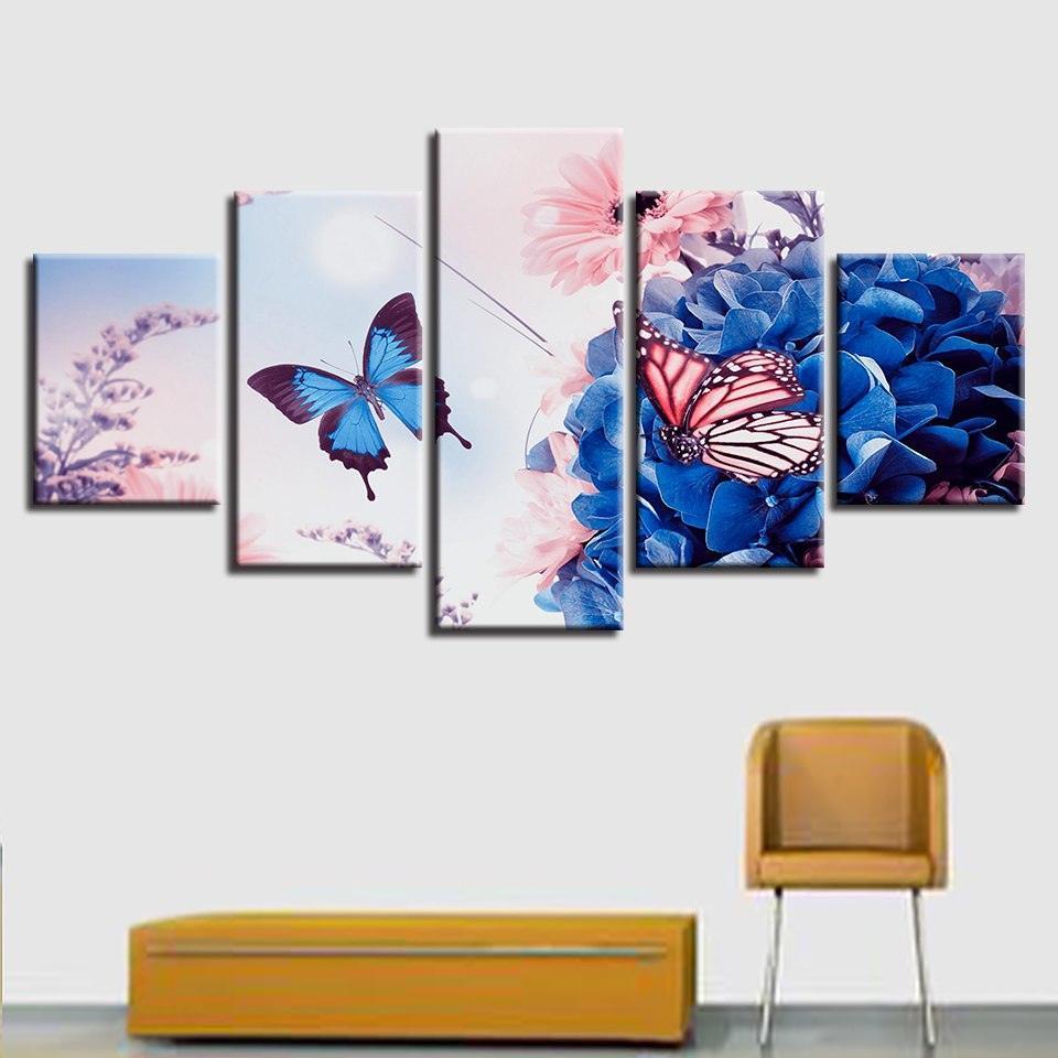 Beautiful Butterfly Flowers 5 Piece HD Multi Panel Canvas Wall Art Frame-Original Frame