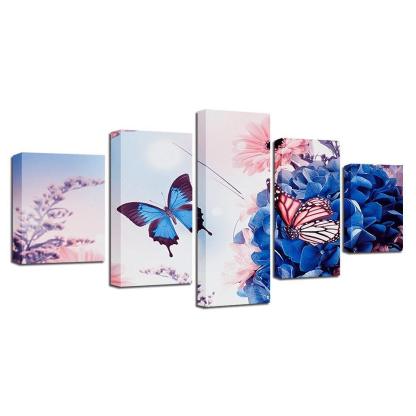 Beautiful Butterfly Flowers 5 Piece HD Multi Panel Canvas Wall Art Frame-Original Frame