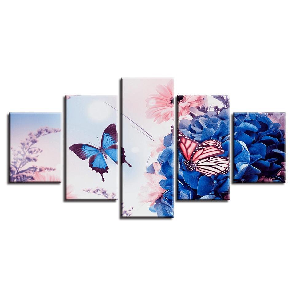 Beautiful Butterfly Flowers 5 Piece HD Multi Panel Canvas Wall Art Frame-Original Frame