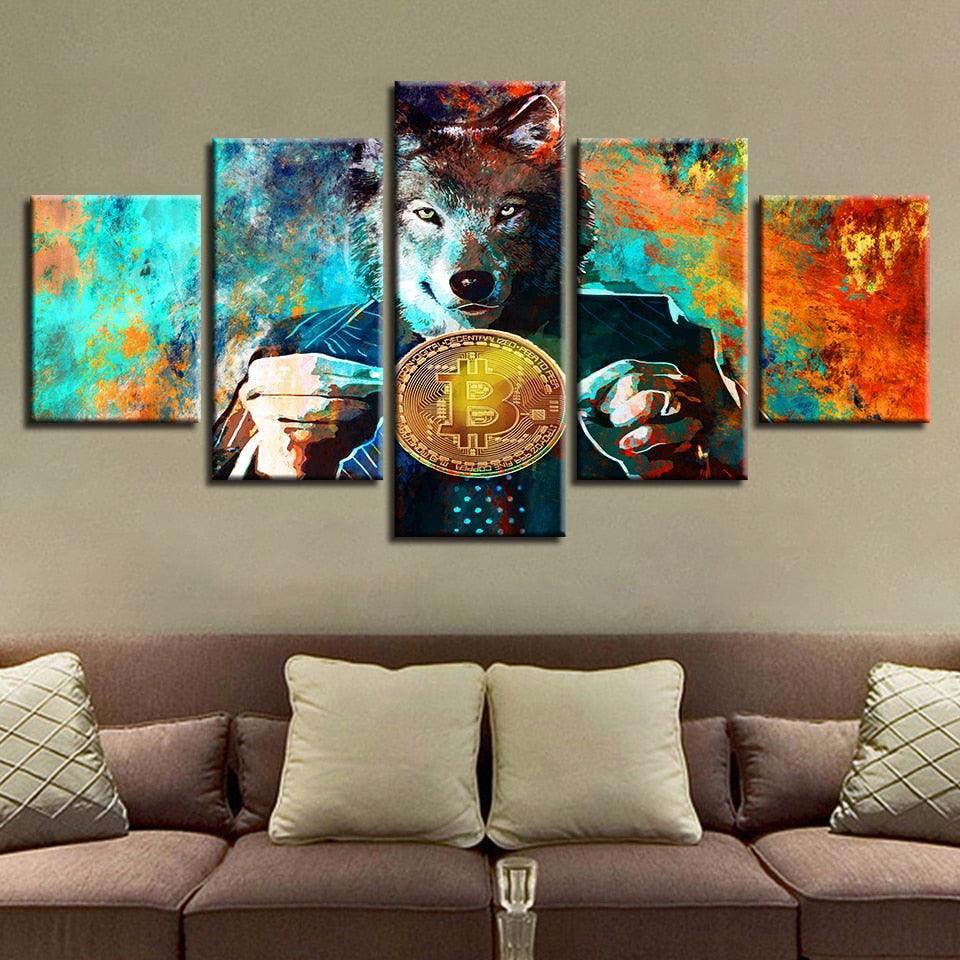 Wolf And Bitcoins 5 Piece HD Multi Panel Canvas Wall Art Frame-Original Frame