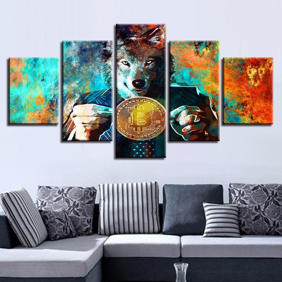 Wolf And Bitcoins 5 Piece HD Multi Panel Canvas Wall Art Frame-Original Frame