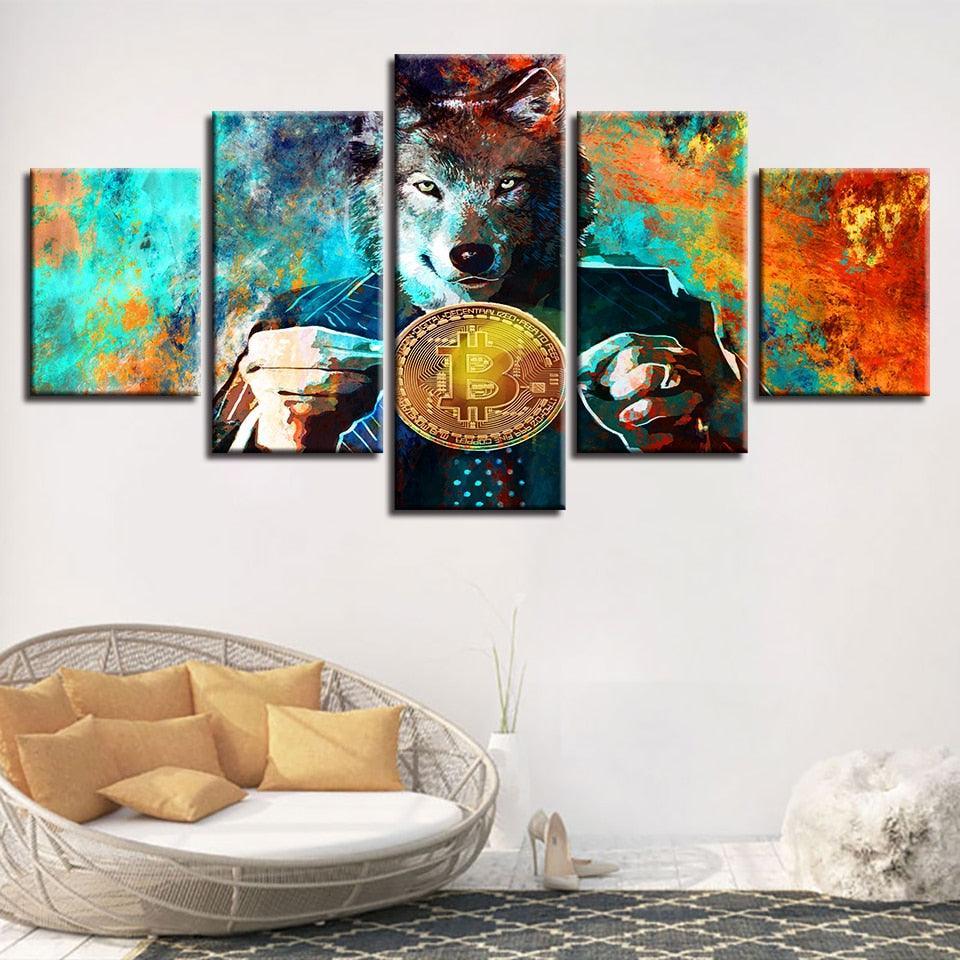 Wolf And Bitcoins 5 Piece HD Multi Panel Canvas Wall Art Frame-Original Frame