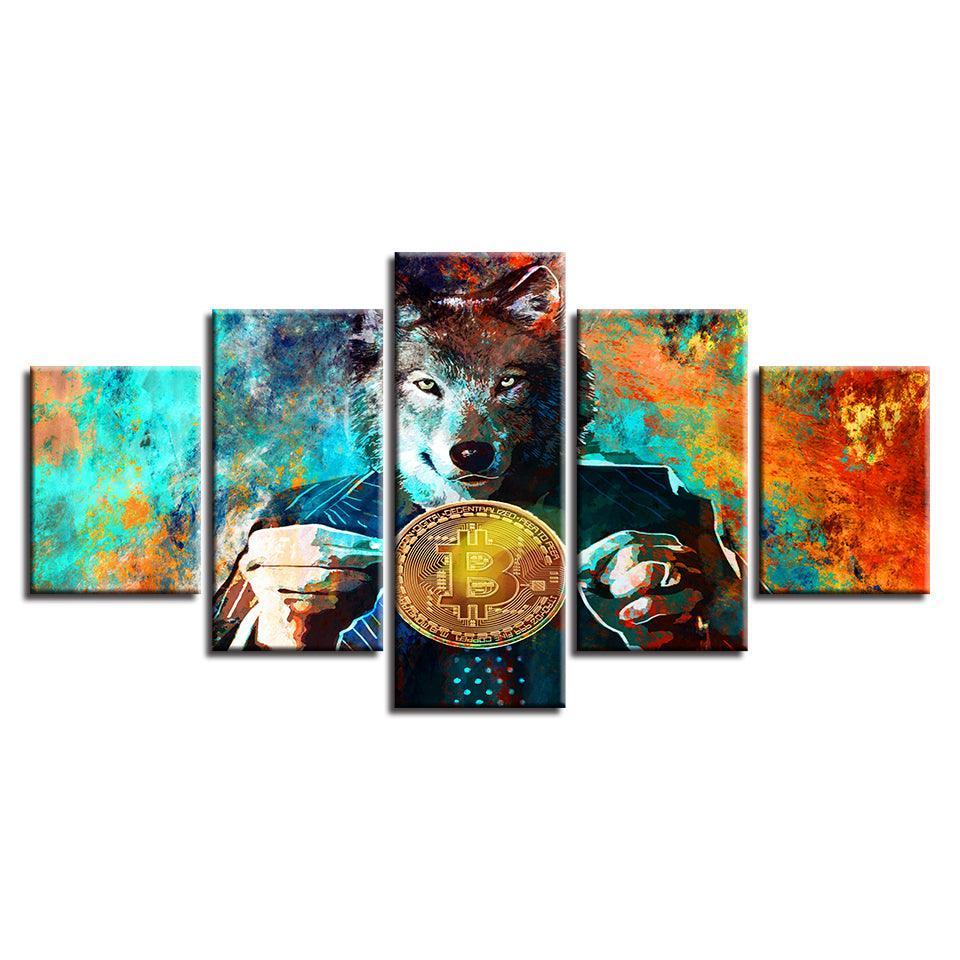 Wolf And Bitcoins 5 Piece HD Multi Panel Canvas Wall Art Frame-Original Frame
